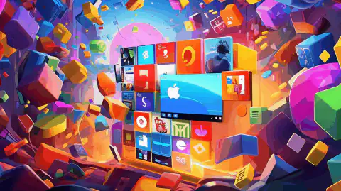 Een kleurrijke illustratie met een Windows-logo omringd door verschillende softwarepictogrammen die staan voor gestroomlijnd pakketbeheer en updates.