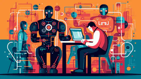 Een kleurrijke illustratie van een menselijke tester en een robot tester die samenwerken om softwaretoepassingen te testen.
