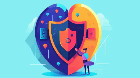 Een kleurrijke illustratie van een persoon met een sleutel en een schild, die de veiligheid en bescherming van een wachtwoord voorstellen.