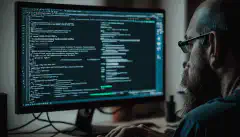 Een ontwikkelaar zit achter zijn computer en typt op zijn toetsenbord met de ChatGPT CLI geopend op zijn terminal.