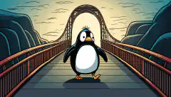 Een vriendelijke cartoon Linux pinguïn loopt vol vertrouwen over een brug naar een succesvolle toekomst.