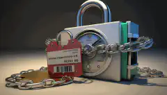 Een slot met een ketting rond een credit score rapport, symboliseert de bescherming en beveiliging die het bevriezen van je krediet biedt tegen identiteitsdiefstal en fraude