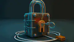 Een hangslot en een sleutel op een netwerkkabel, symbolisch voor Zero Trust Security.
