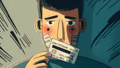 Een persoon met een creditcard in de ene hand en een slot in de andere hand, met een bezorgde blik op zijn gezicht, alsof hij zich zorgen maakt over de veiligheid van zijn persoonlijke gegevens.