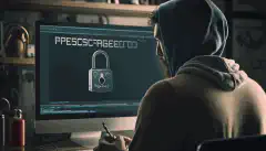 Een persoon met een hangslot voor een computerscherm waarop een bericht staat met de tekst Protected