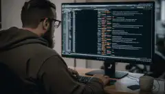 Een persoon die voor een computer zit en code typt in een commandoregelinterface met tekstregels die over het scherm rollen.