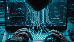 Een persoon die op een toetsenbord typt met een achtergrond van computerservers en netwerkkabels, die het gebruik van PowerShell voor cyberbeveiligingsoperaties en -naleving voorstelt.