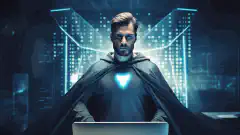 Een professional in een superheldencape, staand voor een computerscherm met een schild dat cyberbeveiliging voorstelt.