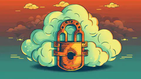 Een illustratie in symbolische kunststijl van een wolk met een slot erop, symbool voor veilige cloudoplossingen.