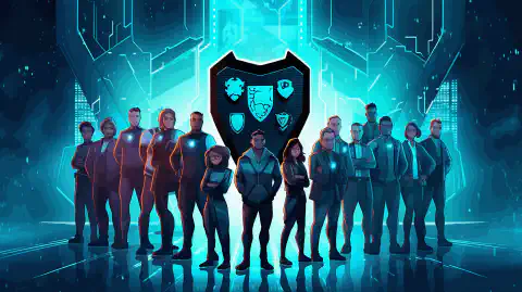 Een symbolische cartoonafbeelding van een groep verschillende personen in cyberbeveiligingskleding die samen in een schild staan, met binaire codes en slotpictogrammen eromheen, om het belang van eenheid en bescherming in het digitale rijk te benadrukken.