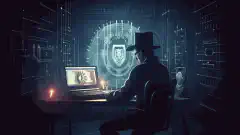 Een symbolische afbeelding van een hacker die een zwarte hoed draagt en op een computer typt, terwijl een schild met een slot een netwerk op de achtergrond beschermt.