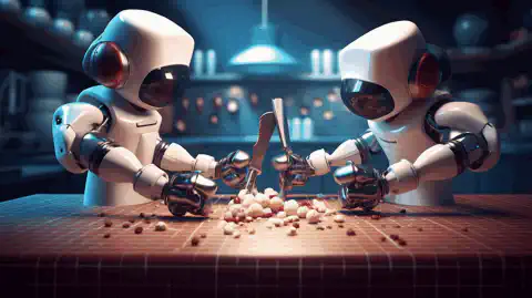 Een symbolische afbeelding van de drie automatiseringstools Ansible, Puppet en Chef in een vriendschappelijke wedstrijd.