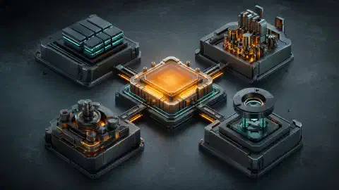 Modulaire metalen onderdelen die via turquoise en oranje paden op een donker werkoppervlak met een gloeiende centrale processor zijn verbonden