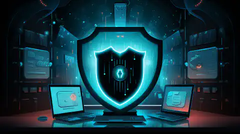 Een geanimeerde illustratie van een schild dat een computersysteem beschermt tegen verschillende cyberbedreigingen.