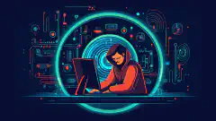 Een geanimeerde illustratie van een hacker die een computer en een vergrootglas gebruikt om de verkenning en analyse van kwetsbaarheden en exploits in computersystemen weer te geven.