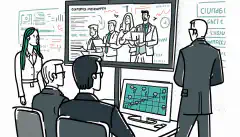 Een geanimeerde afbeelding van een groep werknemers rond een computer of een beveiligingsexpert die op een whiteboard uitleg geeft over cyberbeveiligingsconcepten.