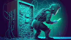 Een geanimeerd beeld van een hacker die probeert in te breken in een computersysteem dat beveiligd is met RSA-codering, maar vervolgens faalt omdat een kwantumcomputer de codering in enkele seconden op de achtergrond oplost.