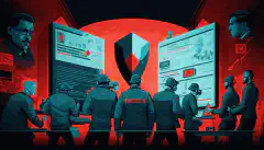 Een geïllustreerde afbeelding van een team van cyberbeveiligingsprofessionals die samenwerken om te reageren op een beveiligingsincident, met een rood waarschuwingspictogram op de achtergrond dat de urgentie van de situatie aangeeft.