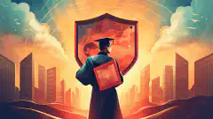 Een illustratie van een persoon die een afstudeercap vasthoudt met een schild dat cyberbeveiliging voorstelt, als symbool voor de behoefte aan onderwijs en vaardigheden op het gebied van cyberbeveiliging. --aspect 16:9
