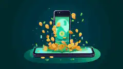 Een illustratie van een smartphone waar geld uit stroomt, die het concept voorstelt van het verdienen van beloningen door het delen van internetbronnen via de Earn App.
