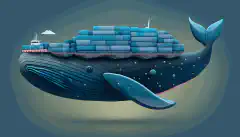 Een afbeelding van een vrachtschip, in de vorm van een blauwe vinvis, met meerdere Docker-containers aan boord