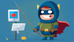 Een afbeelding van een stripfiguur met een superheldenkostuum en een schild die een hengel met een phishingmail erop blokkeert.