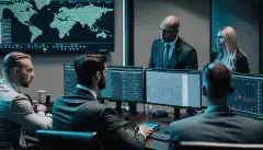 Een beeld van een groep cyberbeveiligingsprofessionals in een bestuurskamer, die samenwerken om ervoor te zorgen dat de systemen en gegevens van hun organisatie veilig zijn.