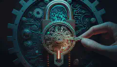 Een afbeelding van een slot met tandwielen symboliseert het gebruik van AI in cyberbeveiliging, terwijl een menselijke hand een sleutel vasthoudt om menselijk toezicht te illustreren.