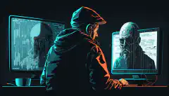 Een beeld van een persoon die achter een computer zit met een bezorgde uitdrukking terwijl een hacker of cybercrimineel op het scherm wordt getoond, waarmee de gevaren van cyberdreigingen en het belang van cyberbeveiliging worden uitgebeeld.