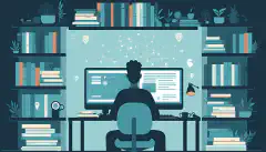 Een afbeelding van een persoon die aan een bureau zit met een computer voor zich, omringd door boeken, online hulpmiddelen en certificeringsmateriaal, als symbool voor de verschillende wegen naar kennis en expertise op het gebied van cyberbeveiliging en systeembeheer.