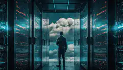 Een beeld van een serverruimte met rekken servers aan de ene kant en een wolk aan de andere kant, met een persoon in het midden die naar beide kijkt.