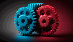 Een afbeelding van drie rood, blauw en blauw gekleurde tandwielen die in elkaar grijpen en samen draaien om hun integratie en samenwerking bij het automatiseren van cyberbeveiligingsprocessen te symboliseren