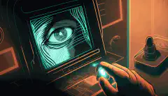 Een geanimeerde illustratie van de hand van een persoon die een vingerafdrukscanner gebruikt om toegang te krijgen tot een beveiligde zone, met het gezicht en de iris van een persoon ook zichtbaar op de achtergrond.