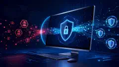 Een illustratie van een computerscherm dat een futuristische privacybrowser-interface toont met abstracte symbolen van gegevensbescherming en encryptie tegen een donkerblauwe achtergrond.