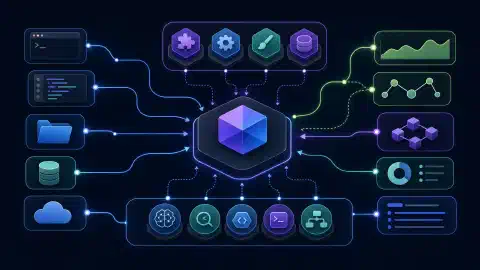 Blauwe en paarse toolpictogrammen, mappen en abstracte grafiekpanelen verbonden met een geometrisch middelpunt op een donkere achtergrond