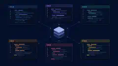 Zes abstracte terminalvensters rond een repositoriesymbool in een uitgebalanceerd raster op een donkere achtergrond