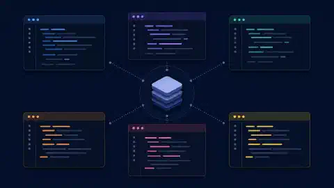 Zes abstracte terminalvensters rond een repositoriesymbool in een uitgebalanceerd raster op een donkere achtergrond