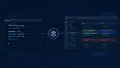 Terminal- en desktopwerkplekken voor programmeren verbonden met een repositoriesymbool in turquoise en blauw