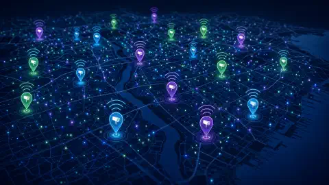 Een interactieve kaart met kleurrijke markeringen die de locaties van Flock Safety ALPR-camera's aangeven, met abstracte WiFi-signalen die vanuit de markeringen uitstralen op een donkere achtergrond.