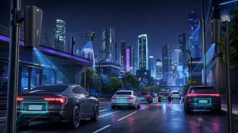 Een illustratie van een futuristische stad met verschillende Flock Safety ALPR-camera's op palen en gebouwen gemonteerd, die passerende voertuigen vastleggen. De scène heeft een donkere achtergrond met heldere, levendige kleuren.