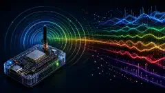Een illustratie van een ESP32-apparaat op de voorgrond dat WiFi-signalen scant. Kleurrijke golven vertegenwoordigen verschillende signaalsterktes tegen een donkere achtergrond.