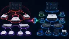 Een illustratie die twee netwerkbeveiligingsarchitecturen toont. Links zijn Fortinet-componenten zoals FortiGate-firewalls en FortiSwitch met elkaar verbonden. Rechts zijn Cisco-oplossingen zoals Secure Firewall en Catalyst-switches afgebeeld, allemaal tegen een donkere achtergrond.