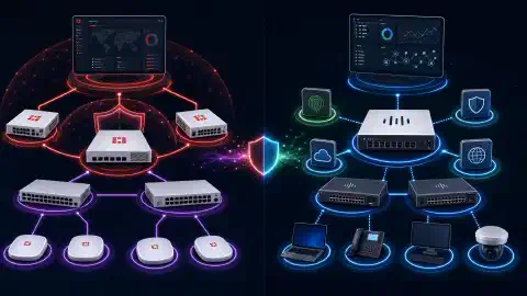 Een illustratie die twee netwerkbeveiligingsarchitecturen toont. Links zijn Fortinet-componenten zoals FortiGate-firewalls en FortiSwitch met elkaar verbonden. Rechts zijn Cisco-oplossingen zoals Secure Firewall en Catalyst-switches afgebeeld, allemaal tegen een donkere achtergrond.