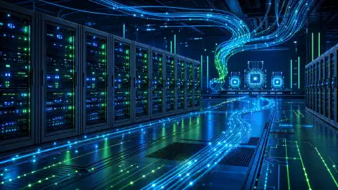 Een futuristisch datacenter met dichte serverracks, lichtgevende netwerkpaden en een donkerblauwe technische sfeer