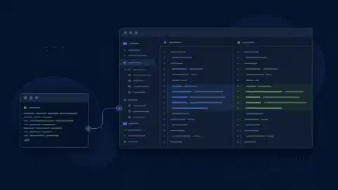 Terminalprompt verbonden met een editorselectie en een visueel verschil in een blauw-groene programmeerwerkruimte
