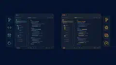 Grafische code-editors en extensiepanelen naast visuele reviewtools op een donkere achtergrond