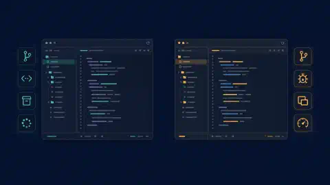 Grafische code-editors en extensiepanelen naast visuele reviewtools op een donkere achtergrond