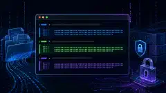 Een illustratie van een futuristische Linux-terminal die hash-commando-uitvoer toont, omringd door abstracte bestanden en digitale symbolen op een donkere achtergrond, met levendige blauwe, groene en paarse accenten.