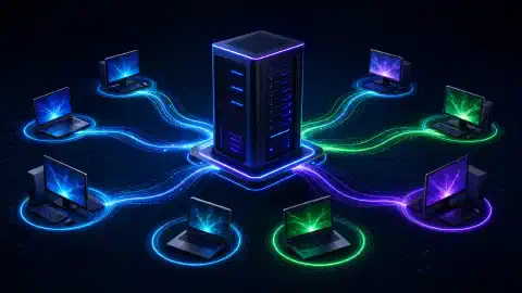 Een futuristische server omringd door gloeiende clientcomputers, die KMS-activatie illustreert in een donkere omgeving met levendige kleuren. De scène benadrukt digitale connectiviteit en moderne technologie.
