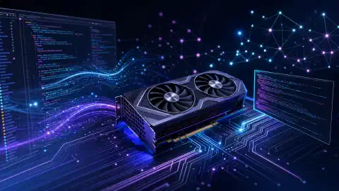 Illustratie van een lokale AI-codeeromgeving met een NVIDIA RTX 4060 Ti-GPU, omringd door lichtgevende datastromen en codefragmenten tegen een donkere achtergrond.